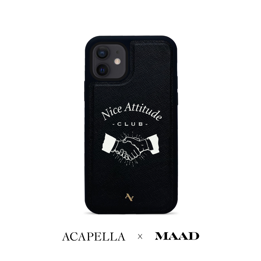 Black leather case for iPhone 12 Mini featuring saffiano texture and customizable monogram options.