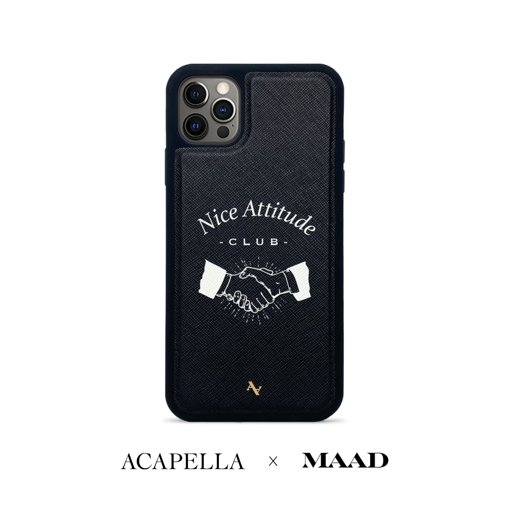 Black leather case for iPhone 12 Pro Max with saffiano texture and rubber rim, featuring customizable monogram options.
