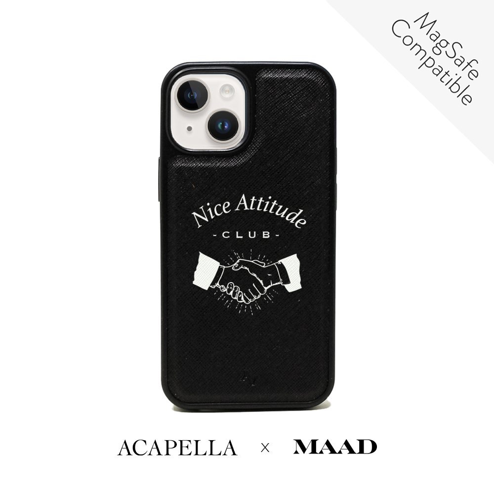Acapella x MAAD Nice Club Black iPhone 14 Leather Case featuring vegan saffiano leather and soft rubber rim.
