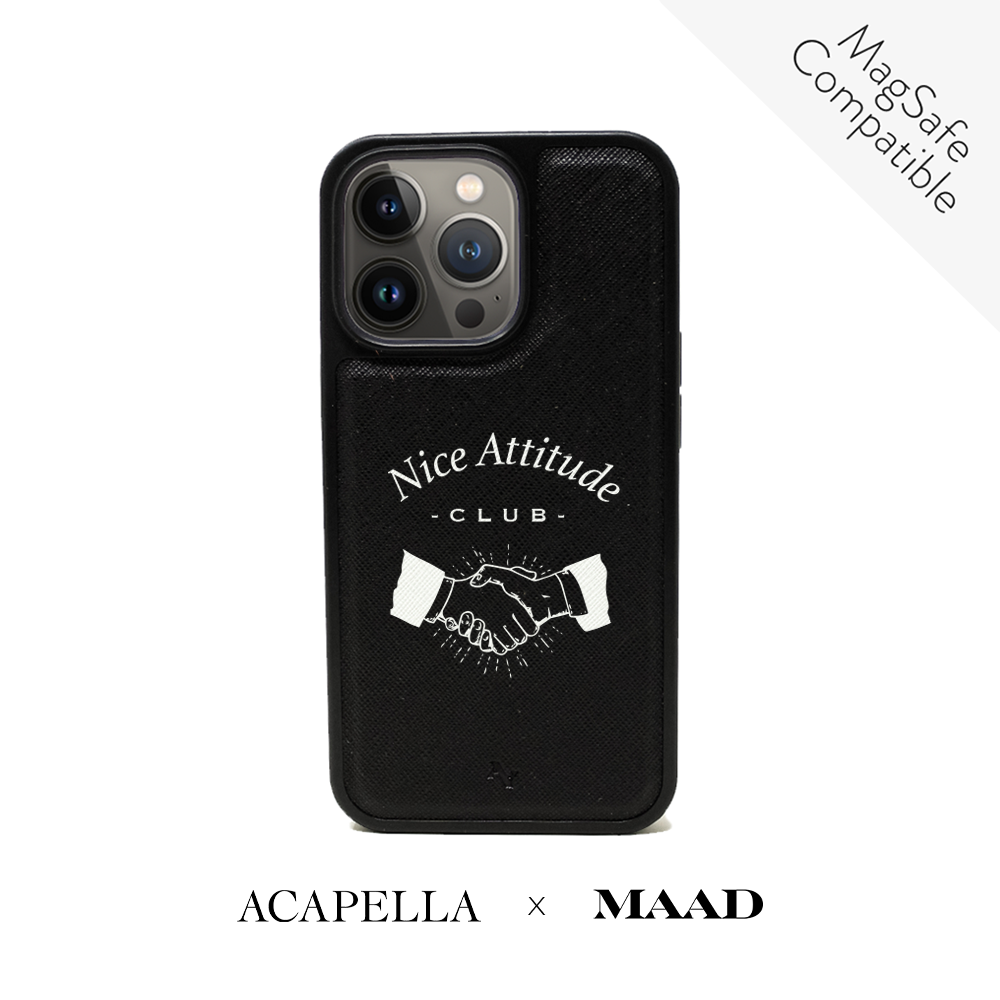Acapella x MAAD Nice Club Black Leather Case for iPhone 14 Pro, featuring vegan saffiano leather and a soft rubber rim.