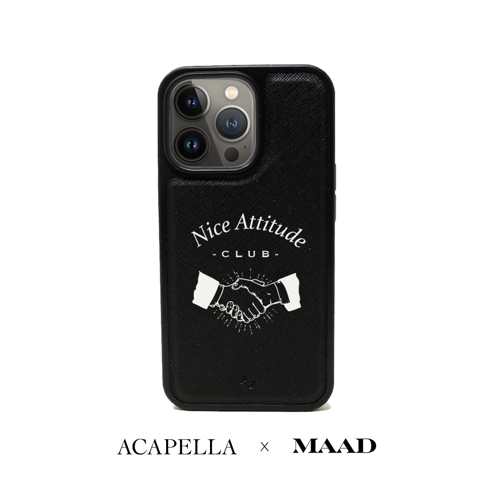 Acapella x MAAD Nice Club Black Leather Case for iPhone 14 Pro, featuring vegan saffiano leather and a soft rubber rim.