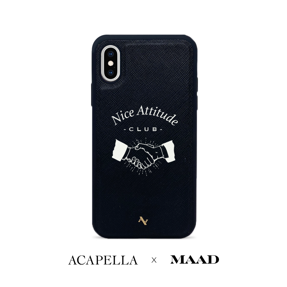 Acapella x MAAD Nice Club black leather case for iPhone X/XS, featuring saffiano leather and a soft rubber rim.