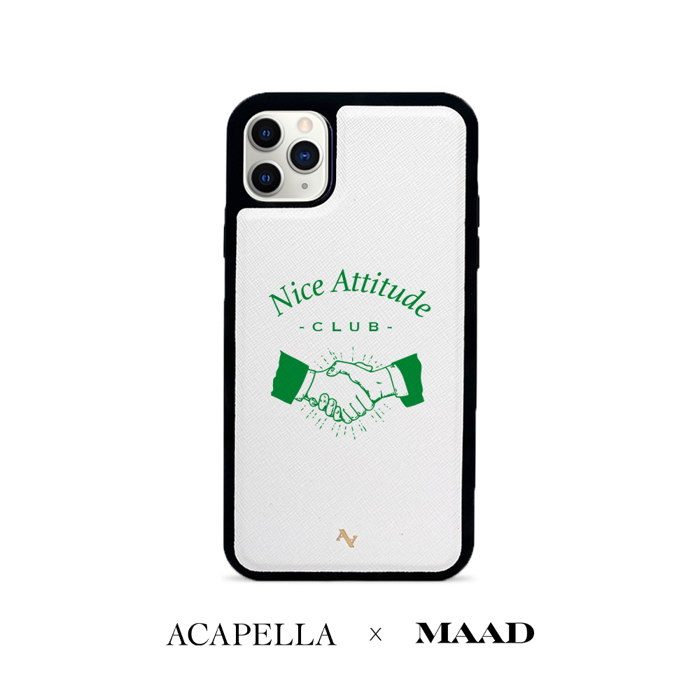 Acapella x MAAD Nice Club White Leather Case for iPhone 11 Pro Max, showcasing saffiano leather and soft rubber edges.