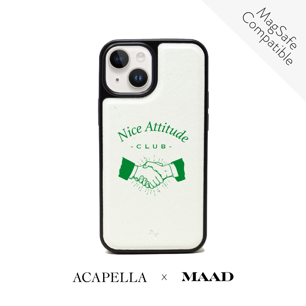 Acapella x MAAD Nice Club White Leather Case for iPhone 14, featuring vegan saffiano leather and a soft rubber rim.