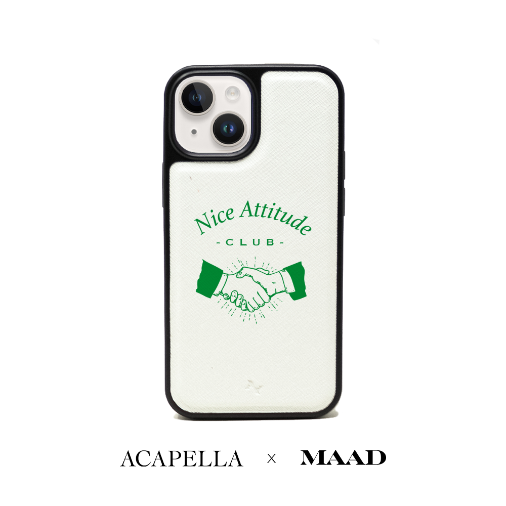 Acapella x MAAD Nice Club White Leather Case for iPhone 14, featuring vegan saffiano leather and a soft rubber rim.