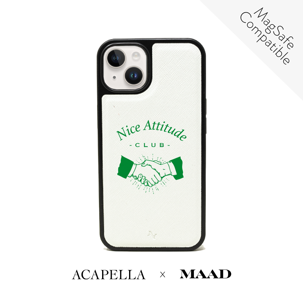Acapella x MAAD Nice Club White iPhone 14 Plus Leather Case with vegan saffiano leather and soft rubber rim.