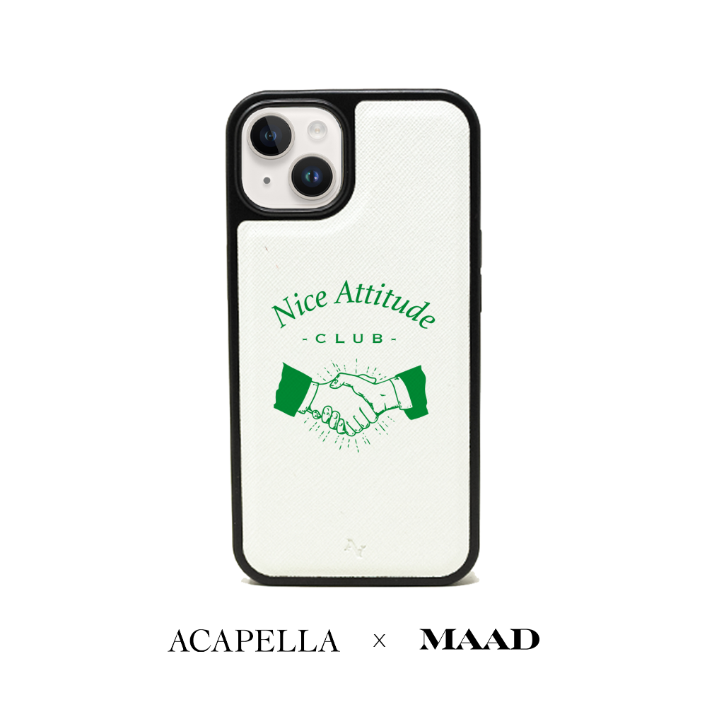 Acapella x MAAD Nice Club White iPhone 14 Plus Leather Case with vegan saffiano leather and soft rubber rim.