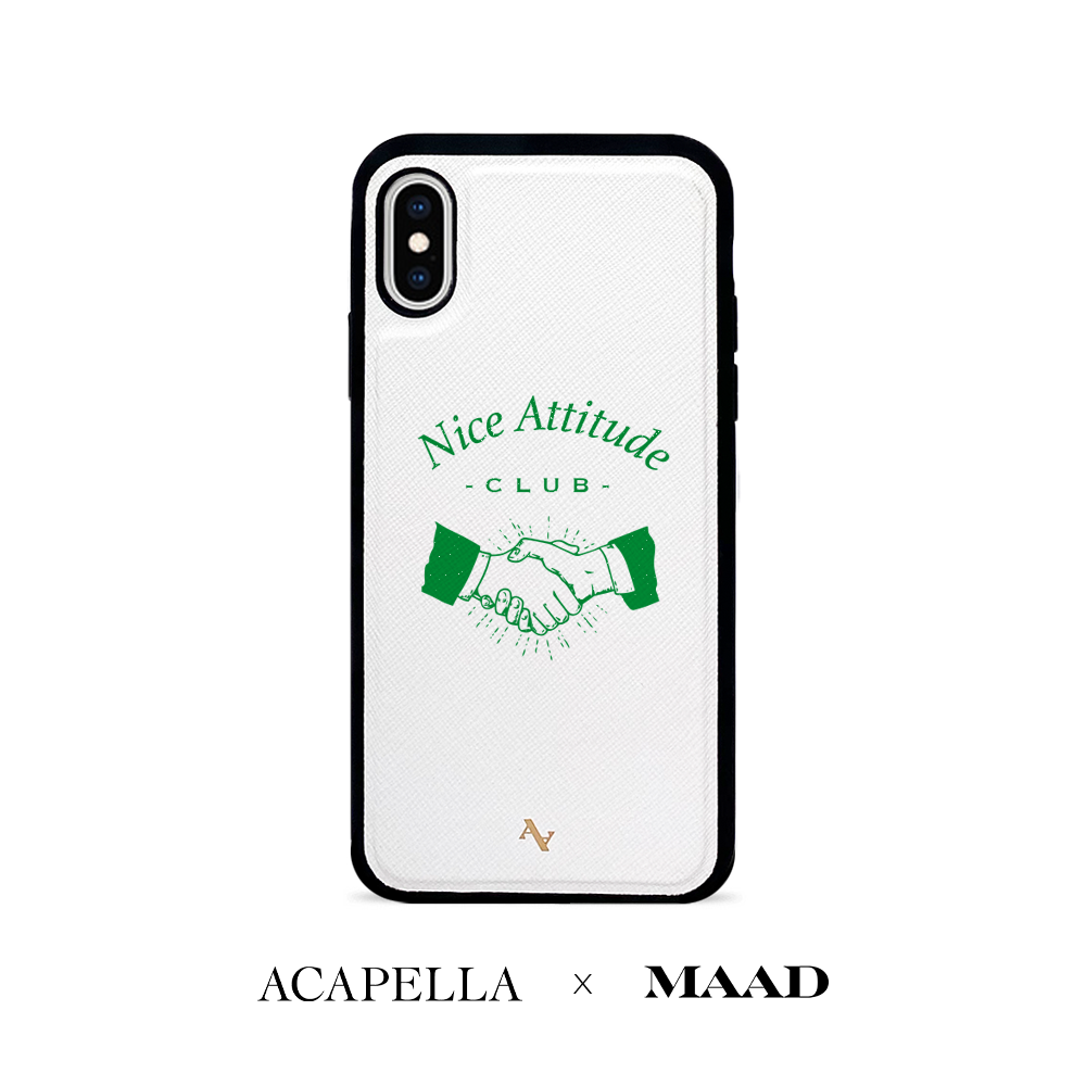 Acapella x MAAD Nice Club white leather case for iPhone X/XS, featuring saffiano texture and customizable monogram options.