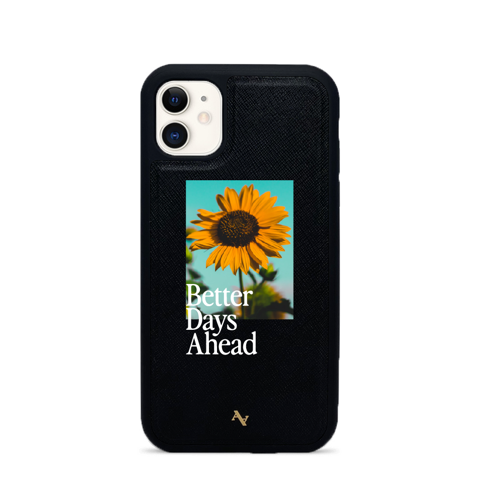 Acapella x MAAD Sunflower Black Leather Case for iPhone 11, showcasing saffiano leather and rubber rim.