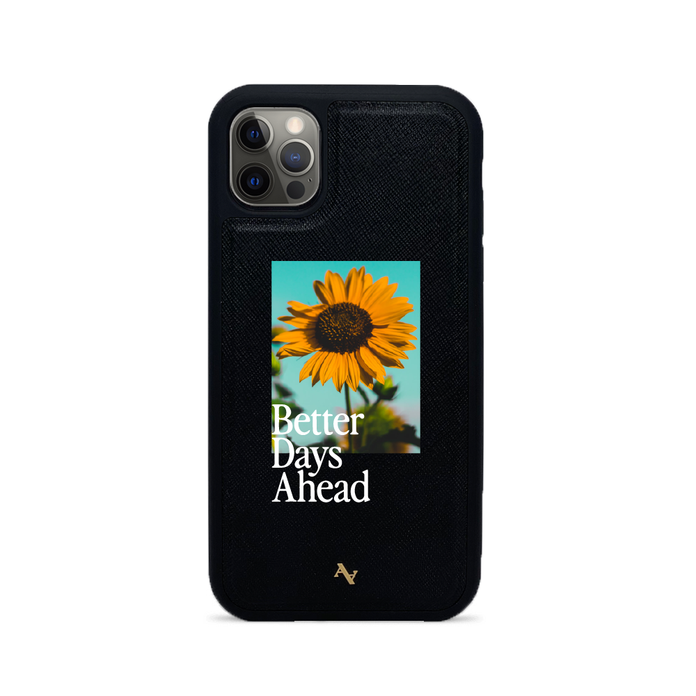 Acapella x MAAD Sunflower Black Leather Case for iPhone 12 Pro Max, showcasing saffiano leather and rubber rim.