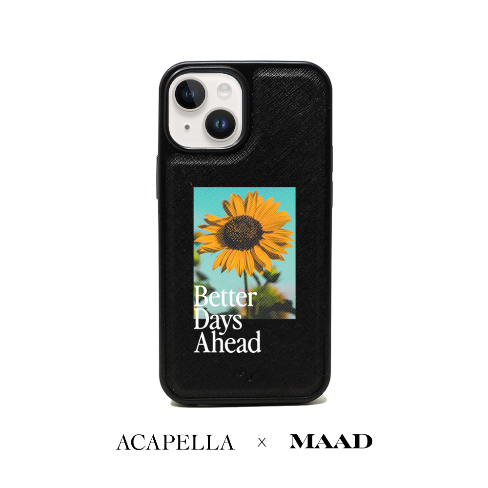 Acapella x MAAD Sunflower Black Leather Case for iPhone 14, featuring vegan saffiano leather and a soft rubber rim.