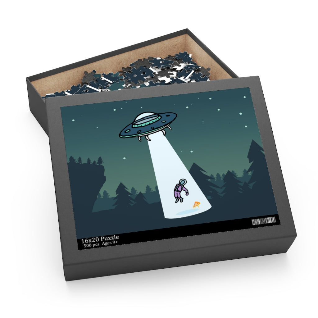 A colorful 500-piece jigsaw puzzle depicting an alien abduction scene with pizza, showcasing vibrant artwork and high-quality chipboard pieces.