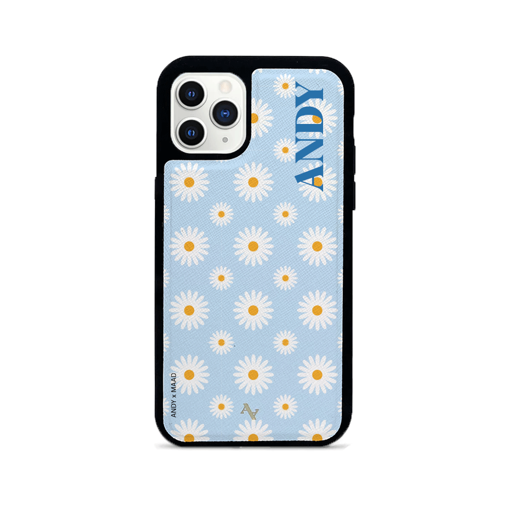Andy x MAAD Blue Daisies Leather Case for iPhone 11 Pro, featuring a floral design and soft rubber rim for protection.