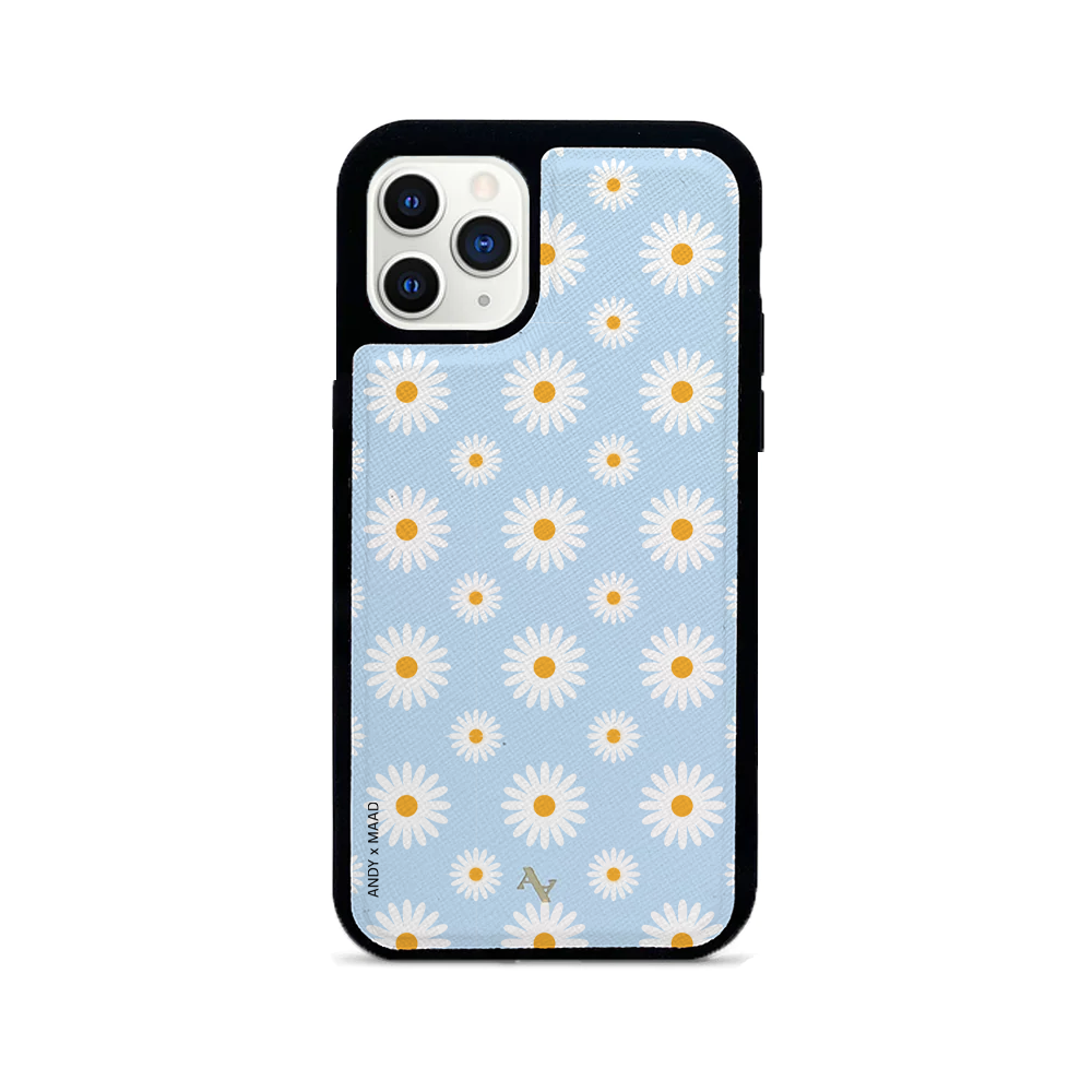 Andy x MAAD Blue Daisies Leather Case for iPhone 11 Pro, featuring a floral design and soft rubber rim for protection.