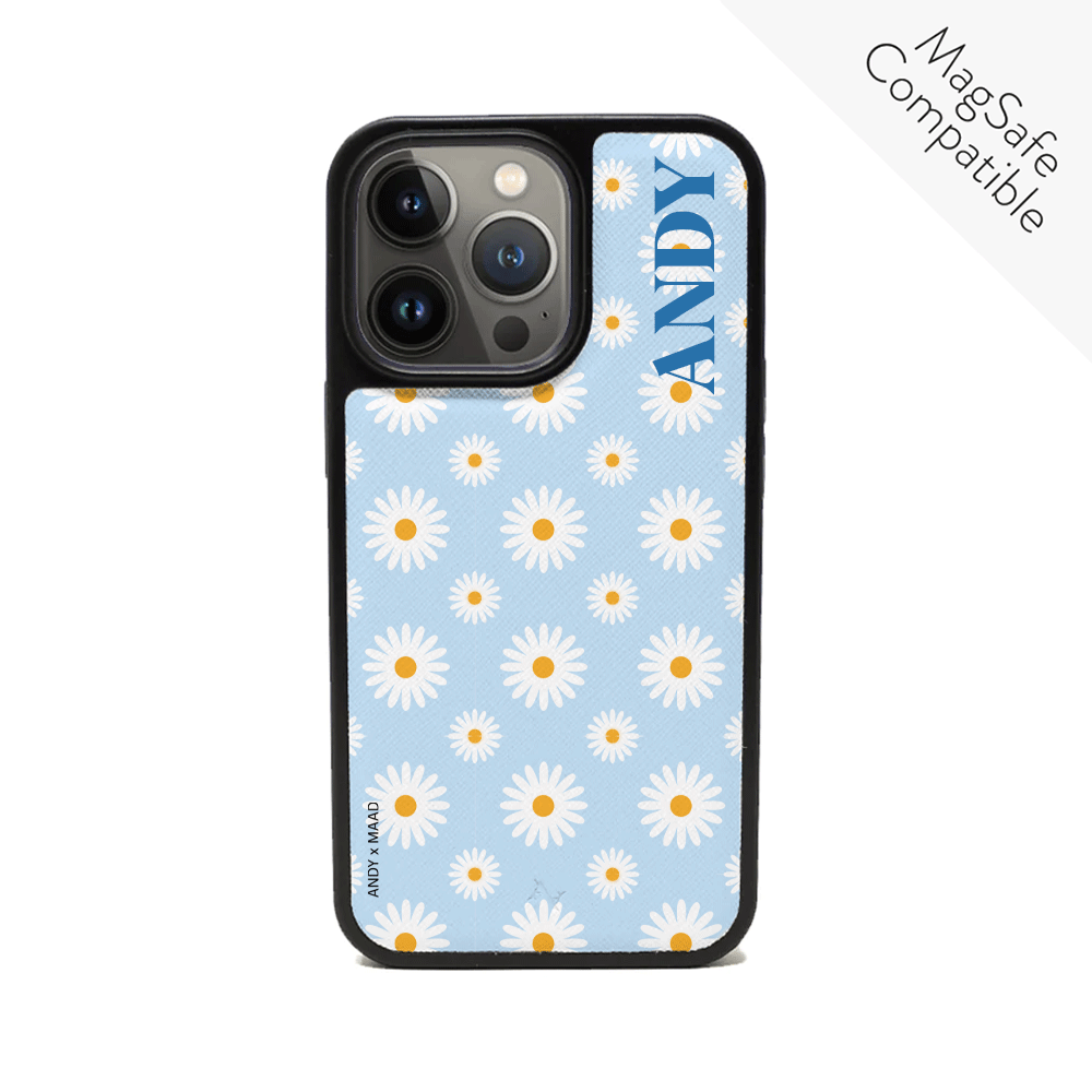 Andy x MAAD Blue Daisies Leather Case for iPhone 13 Pro, featuring vegan saffiano leather and a soft rubber rim.