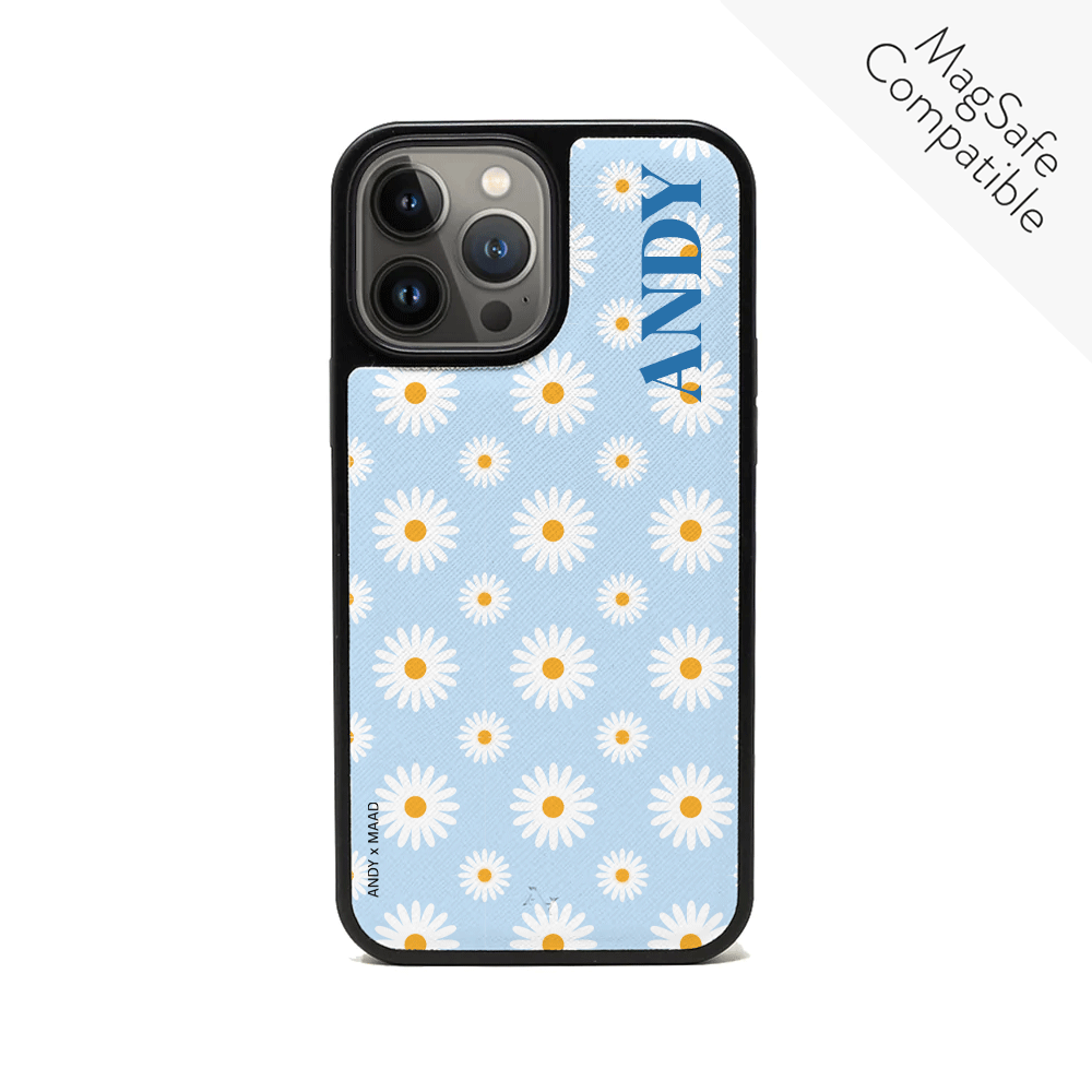 ANDY X MAAD Blue Daisies Leather Case for iPhone 14 Pro Max, featuring floral design and vegan leather material.