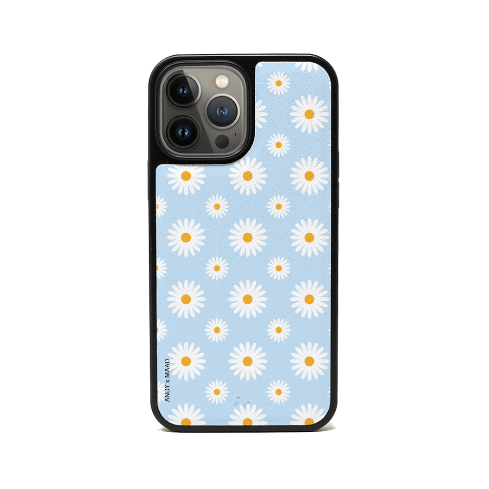 ANDY X MAAD Blue Daisies Leather Case for iPhone 14 Pro Max, featuring floral design and vegan leather material.