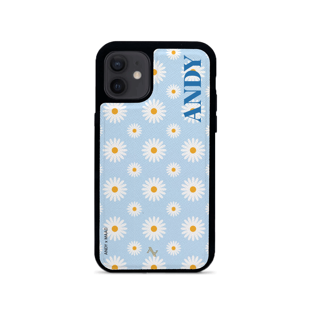 Andy x MAAD Blue Daisies White Leather Case for iPhone 12 Mini, featuring a floral design and soft rubber edges for protection.