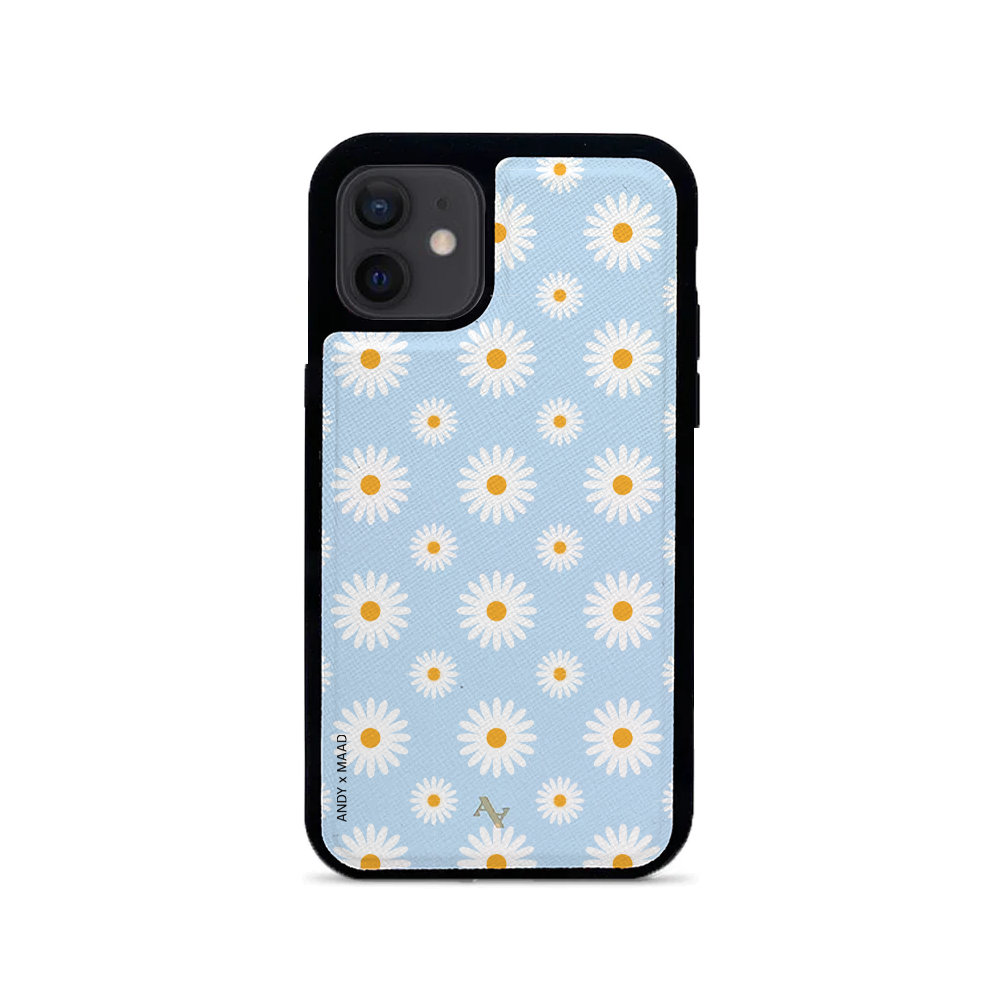 Andy x MAAD Blue Daisies White Leather Case for iPhone 12 Mini, featuring a floral design and soft rubber edges for protection.