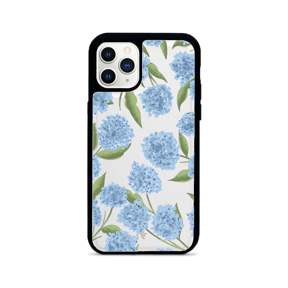 ANDY X MAAD Blue Summer iPhone 11 Pro Leather Case featuring vegan saffiano leather and a soft rubber rim, showcasing its stylish design and personalization options.