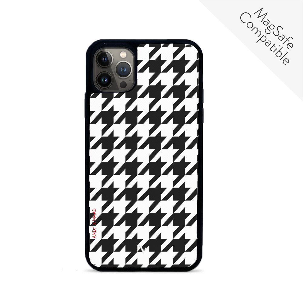 ANDY X MAAD Collection Nº6 iPhone 13 Pro Max Leather Case in vegan saffiano leather with rubber rim, showcasing personalization options.