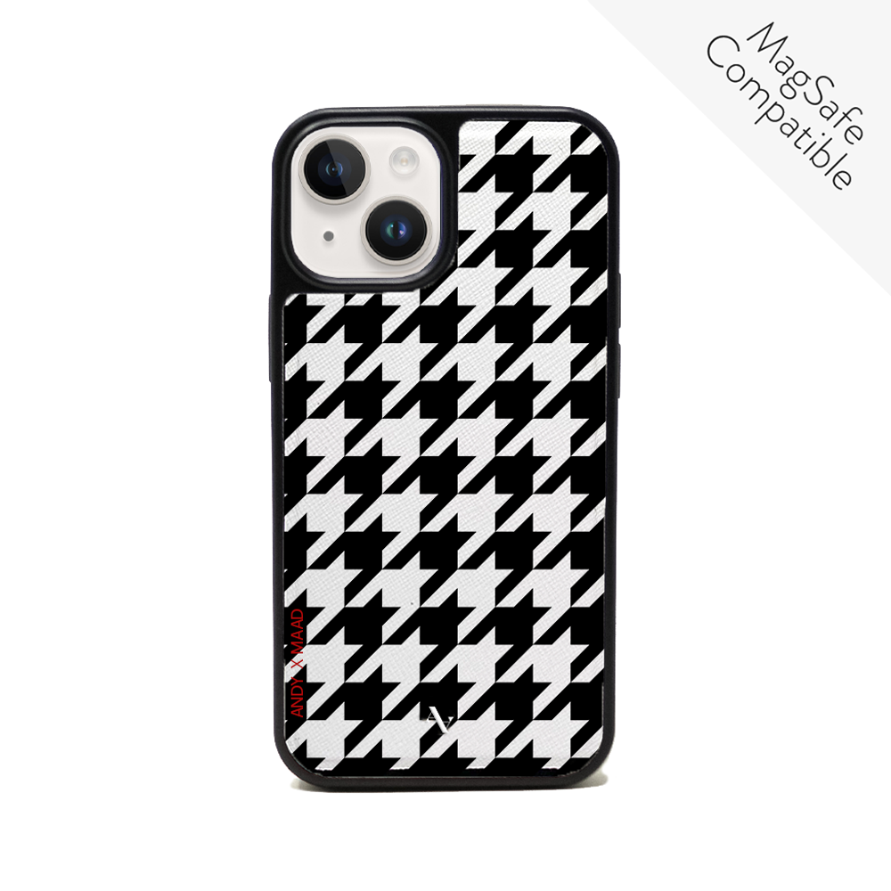 ANDY X MAAD Collection Nº6 iPhone 14 Leather Case in vegan saffiano leather with rubber rim, showcasing personalization options.