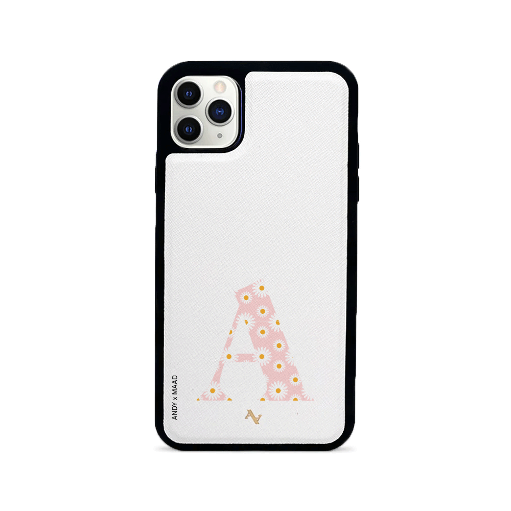 ANDY X MAAD Daisies Letter iPhone 11 Pro Max Leather Case featuring saffiano leather and rubber rim, customizable with monogram.