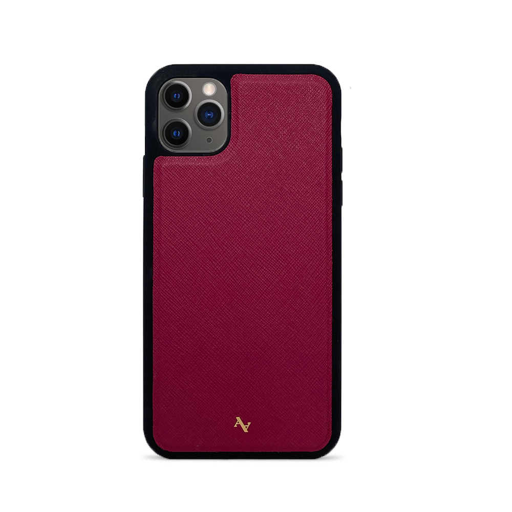 ANDY x MAAD Houndstooth Leather Case for iPhone 11 Pro Max, showcasing its genuine saffiano leather and soft rubber rim.