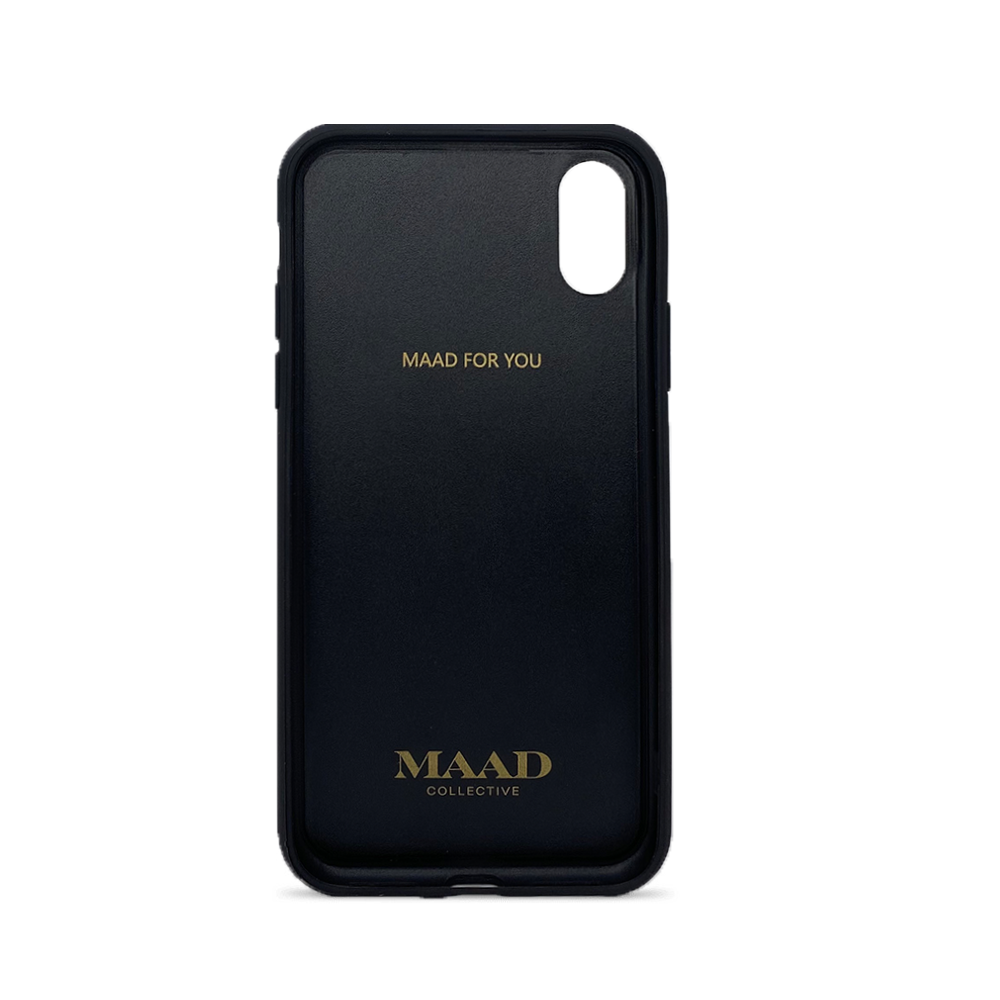 ANDY x MAAD Houndstooth Leather Case for iPhone X/XS, featuring a stylish design and personalized monogram options.