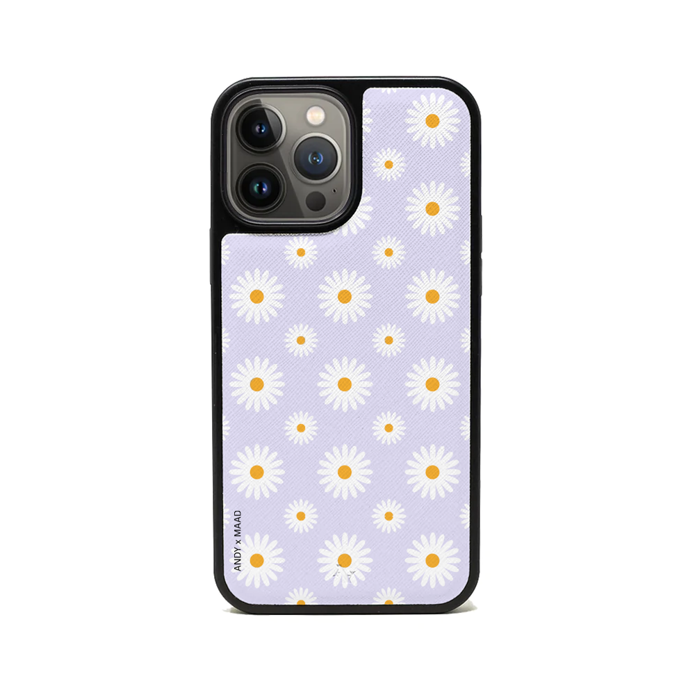 ANDY X MAAD Lilac Daisies Leather Case for iPhone 13 Pro Max, featuring a floral design and vegan leather material.