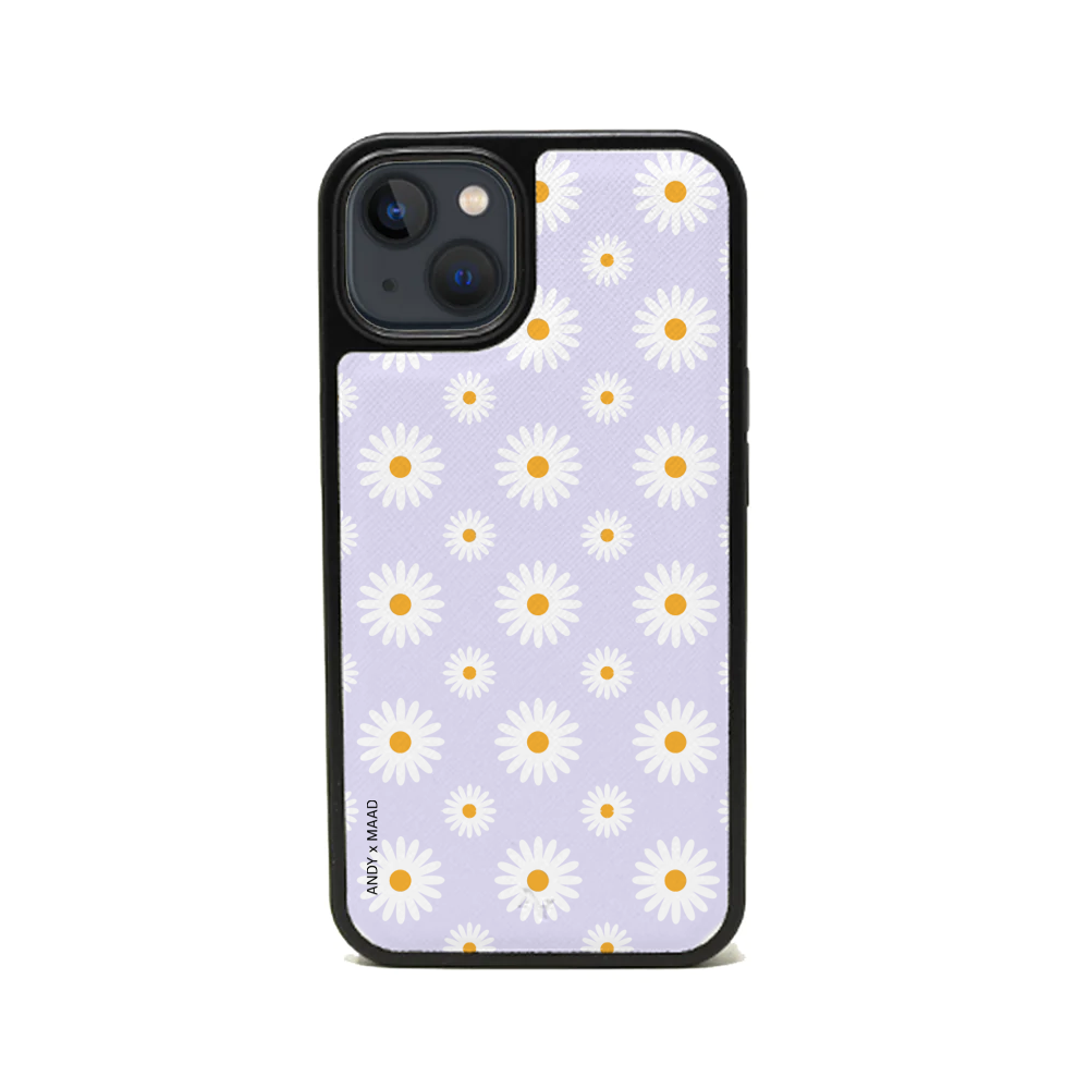 ANDY X MAAD Lilac Daisies Leather Case for iPhone 14 Plus, featuring a floral design and vegan saffiano leather material.