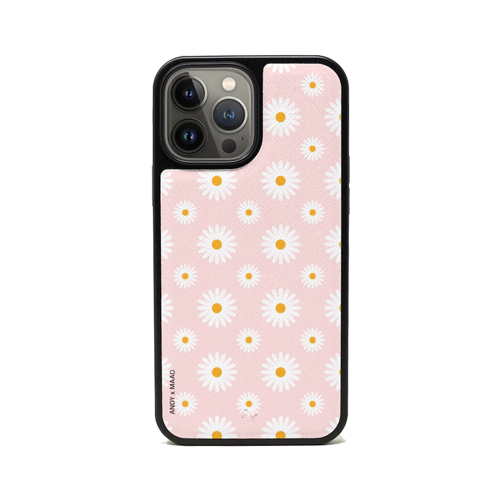 ANDY X MAAD Pink Daisies Leather Case for iPhone 13 Pro Max, featuring vegan leather and a soft rubber rim for protection.