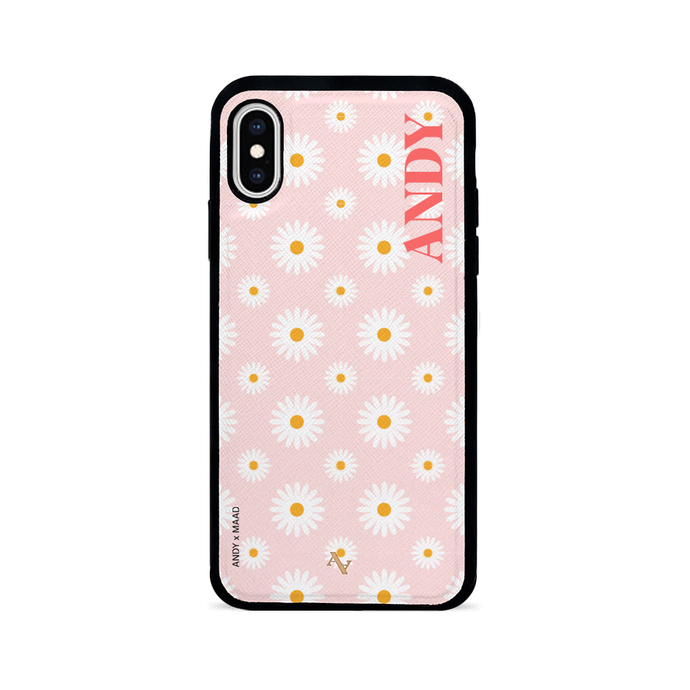 ANDY X MAAD Pink Daisies Leather Case for iPhone X/XS, featuring a floral design and personalized monogram options.