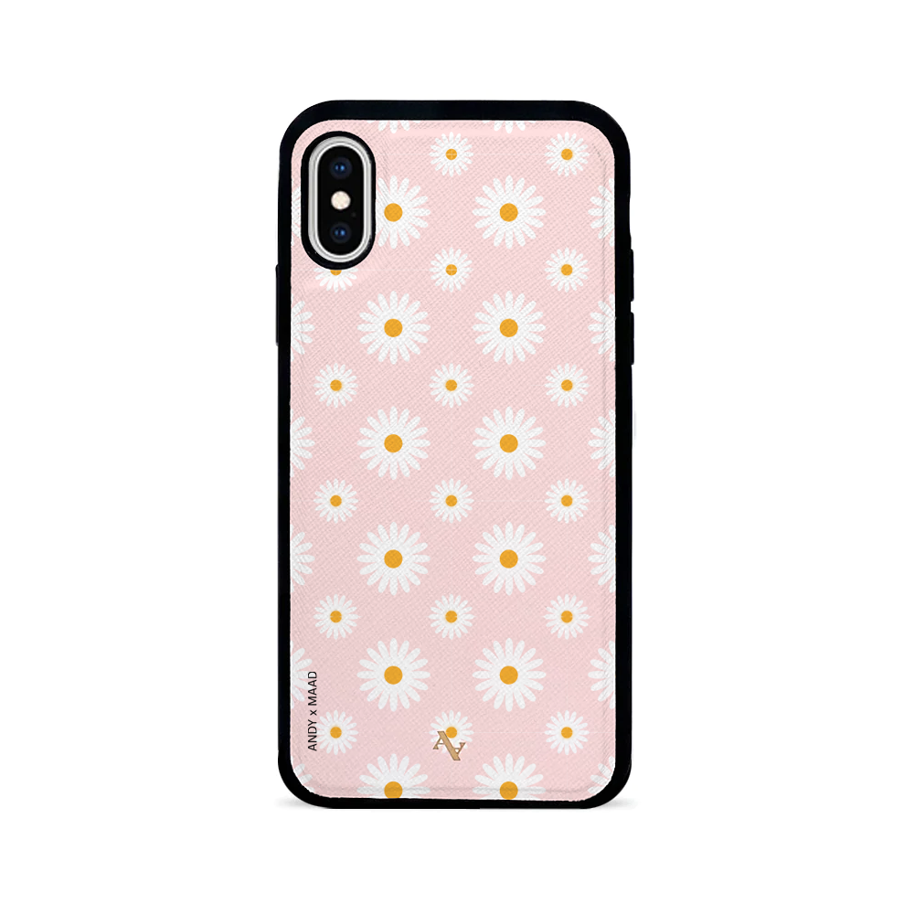 ANDY X MAAD Pink Daisies Leather Case for iPhone X/XS, featuring a floral design and personalized monogram options.