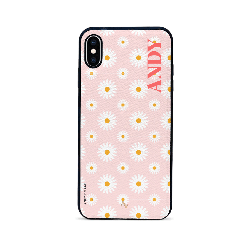 ANDY X MAAD Pink Daisies Leather Case for iPhone XS Max, showcasing vibrant pink daisies on genuine saffiano leather.