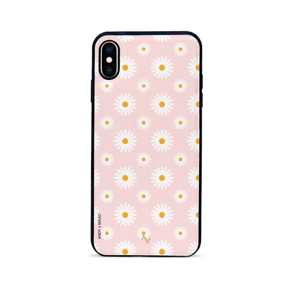 ANDY X MAAD Pink Daisies Leather Case for iPhone XS Max, showcasing vibrant pink daisies on genuine saffiano leather.