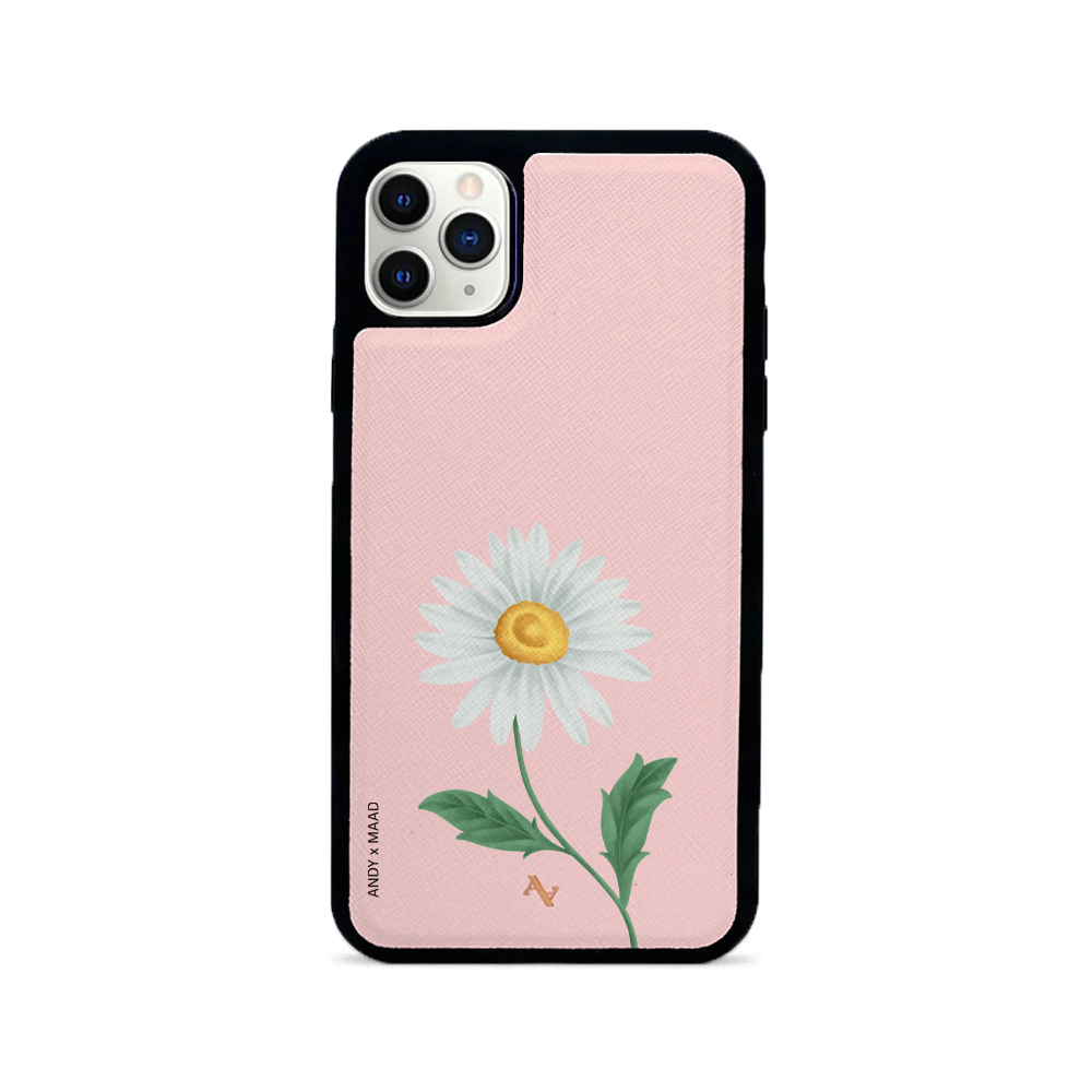 Andy x MAAD Pink Daisy Leather Case for iPhone 11 Pro Max, featuring a vibrant pink design with daisy patterns and a soft rubber rim.