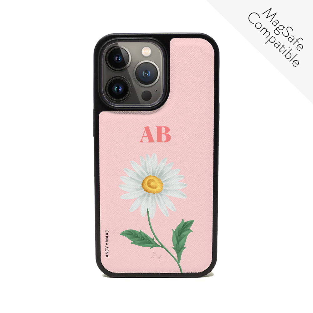 ANDY X MAAD Pink Daisy Leather Case for iPhone 13 Pro, featuring vegan saffiano leather and a soft rubber rim for protection.