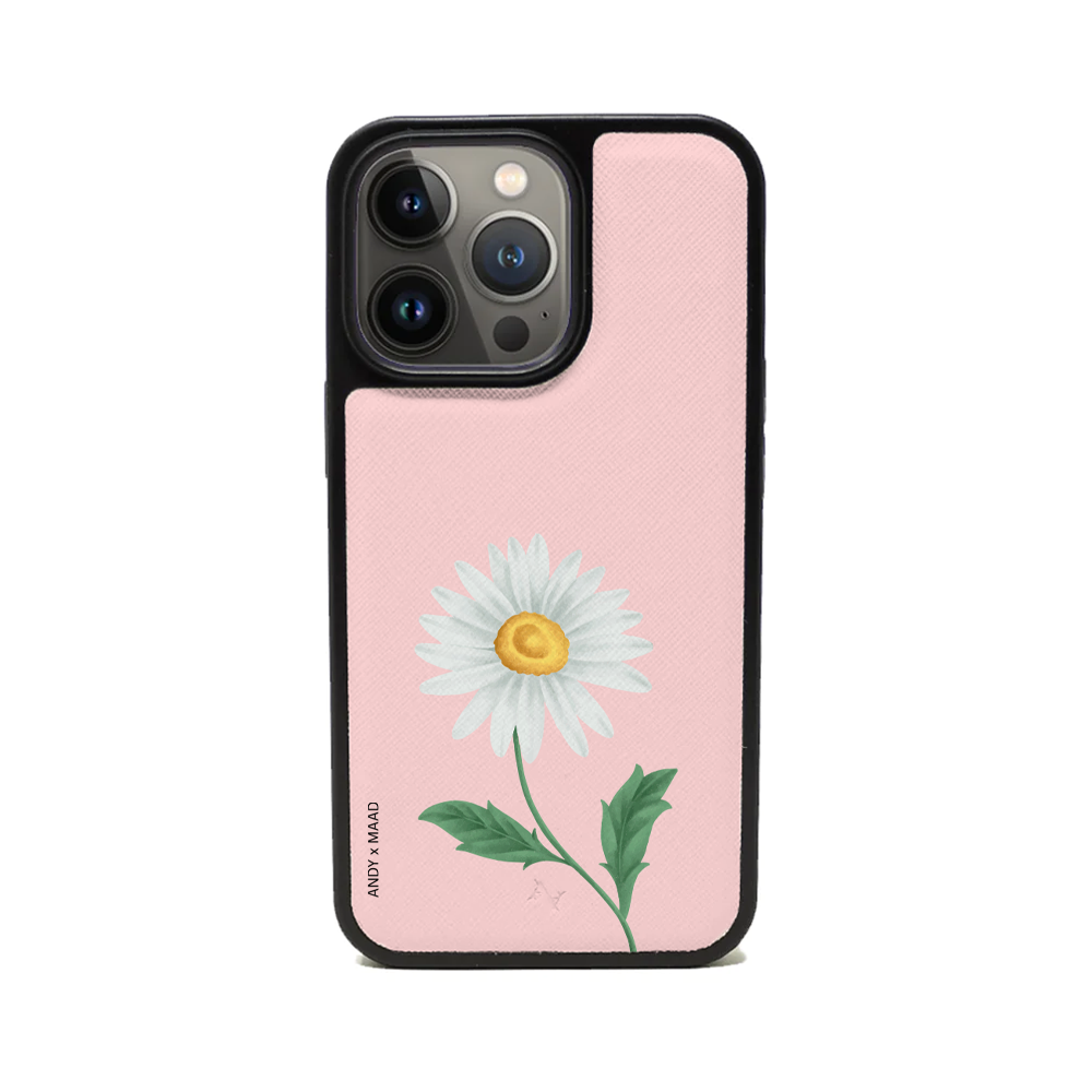 ANDY X MAAD Pink Daisy Leather Case for iPhone 13 Pro, featuring vegan saffiano leather and a soft rubber rim for protection.
