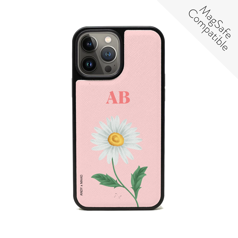 Andy x MAAD Pink Daisy Leather Case for iPhone 13 Pro Max, featuring vegan saffiano leather and a soft rubber rim.