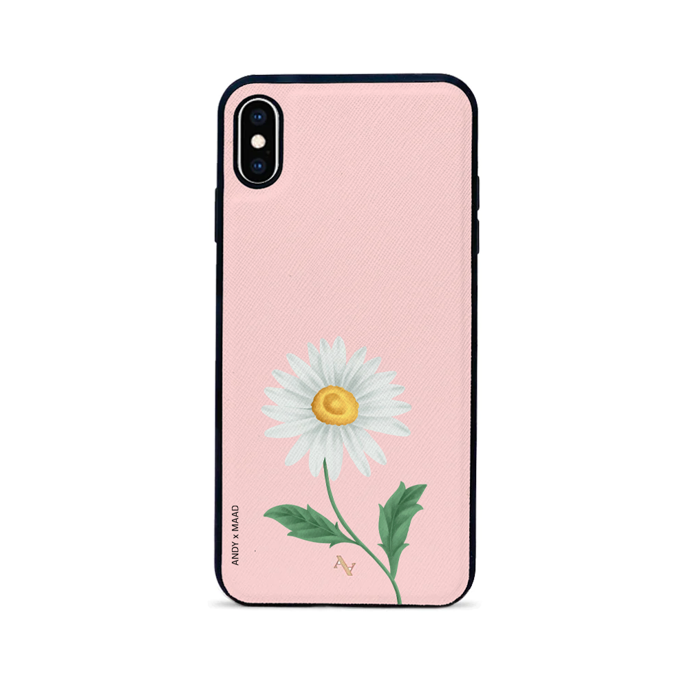 Andy x MAAD Pink Daisy Leather Case for iPhone XS MAX, featuring a floral design and soft rubber rim for protection.