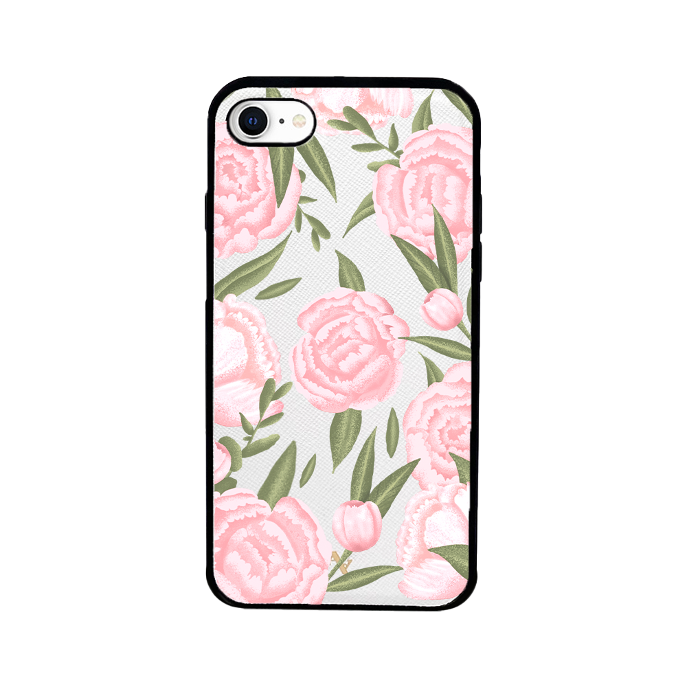 ANDY X MAAD Pink Summer Leather Case for iPhone 7/8/SE, featuring saffiano leather and rubber rim.