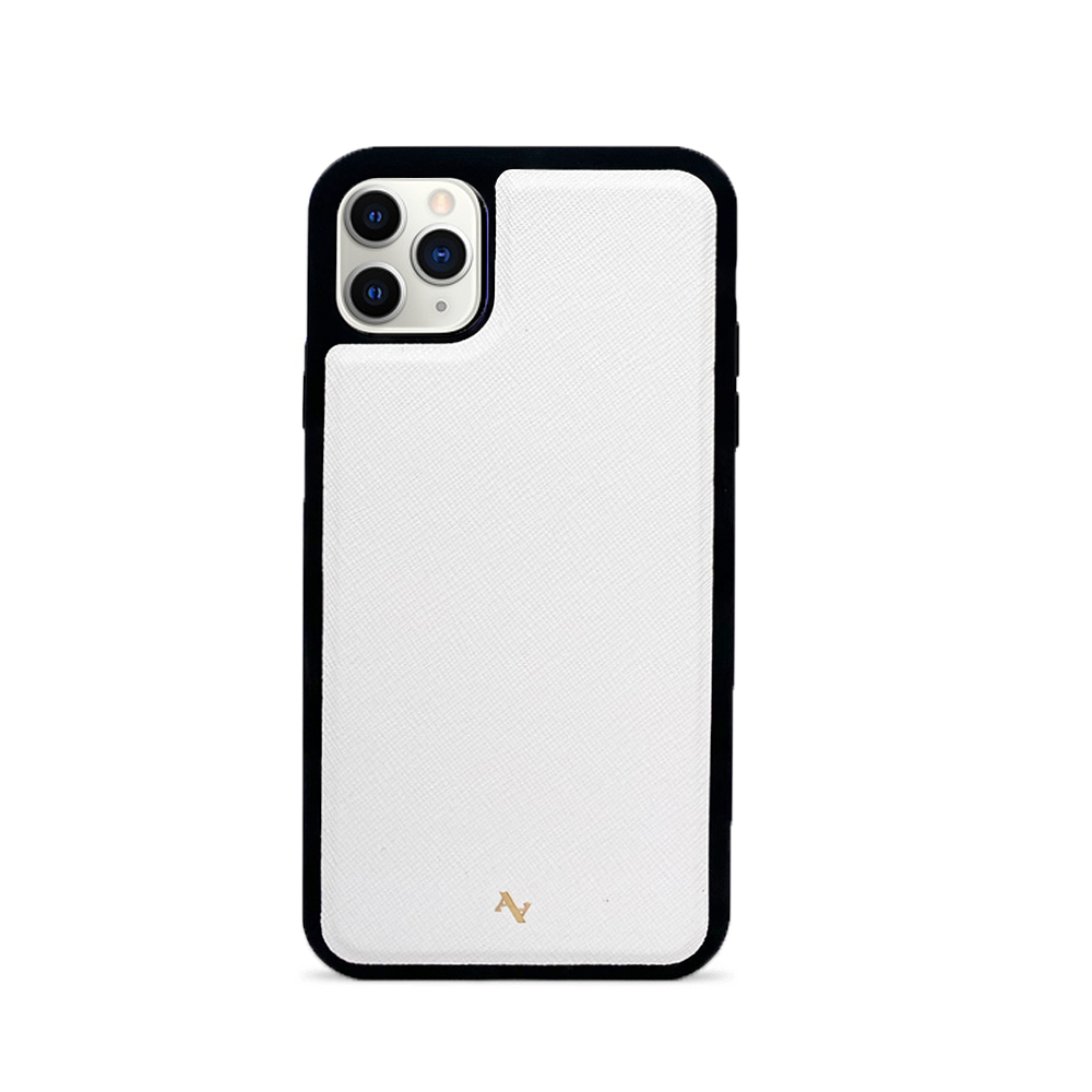 ANDY x MAAD Scottish leather case for iPhone 11 Pro Max, featuring saffiano leather and a soft rubber rim, customizable with monogram.
