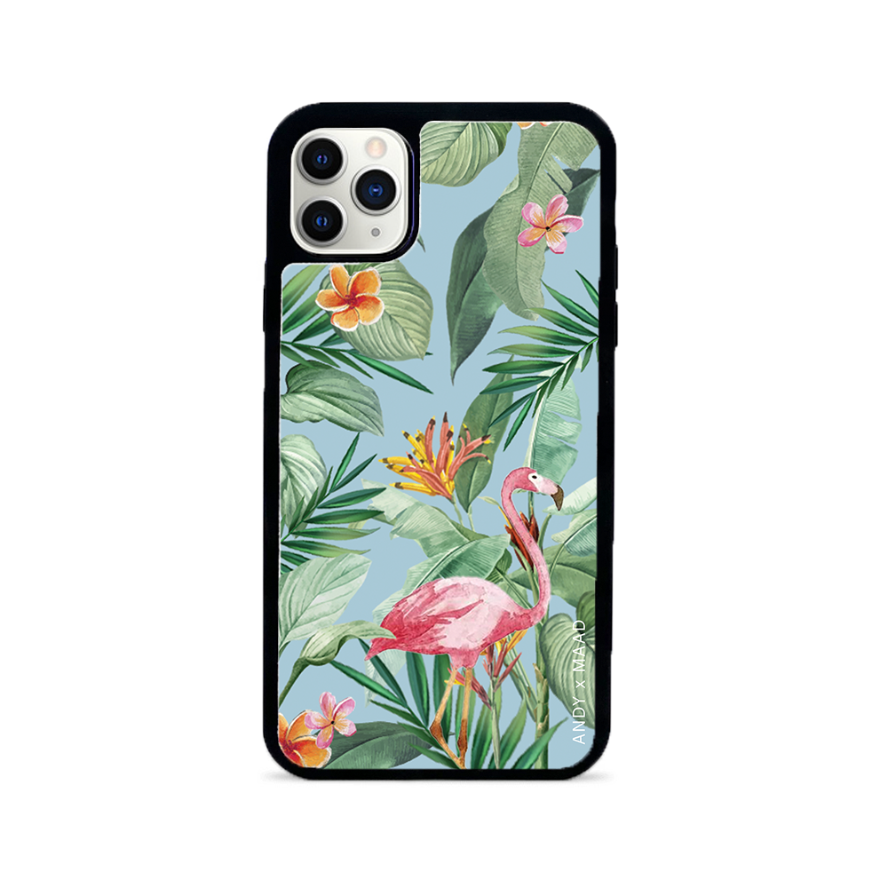 ANDY X MAAD Tropical Flamingo Leather Case for iPhone 11 Pro Max featuring vibrant flamingo design and saffiano leather finish.