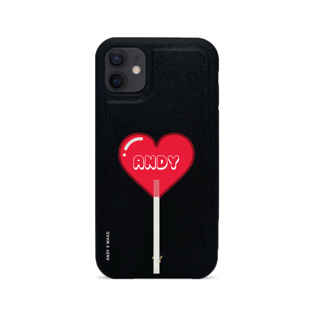 ANDY X MAAD Valentine's Black Leather Case for iPhone 12 Mini, featuring saffiano leather and customizable monogram options.