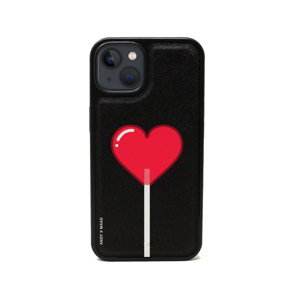 ANDY X MAAD Valentine's Black iPhone 13 Mini Leather Case featuring vegan saffiano leather and soft rubber rim.