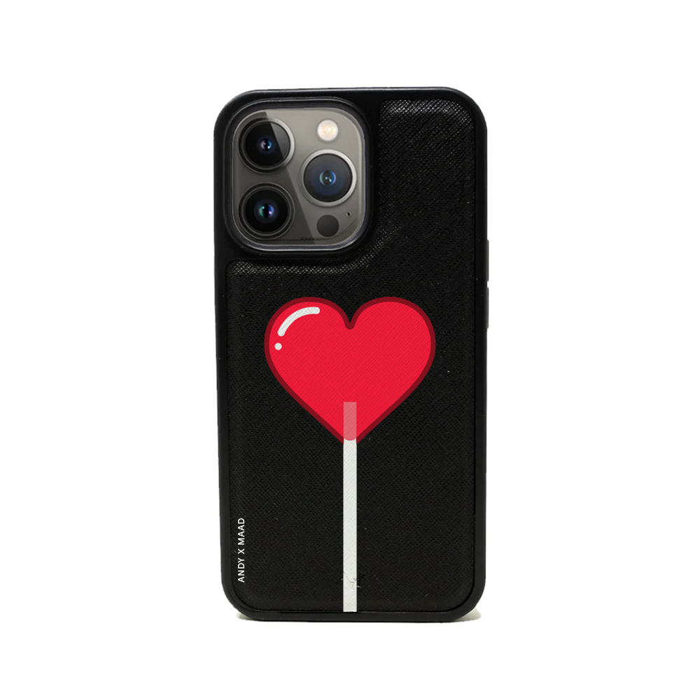 ANDY X MAAD Valentine's Black iPhone 13 Pro Leather Case featuring vegan saffiano leather and soft rubber rim.