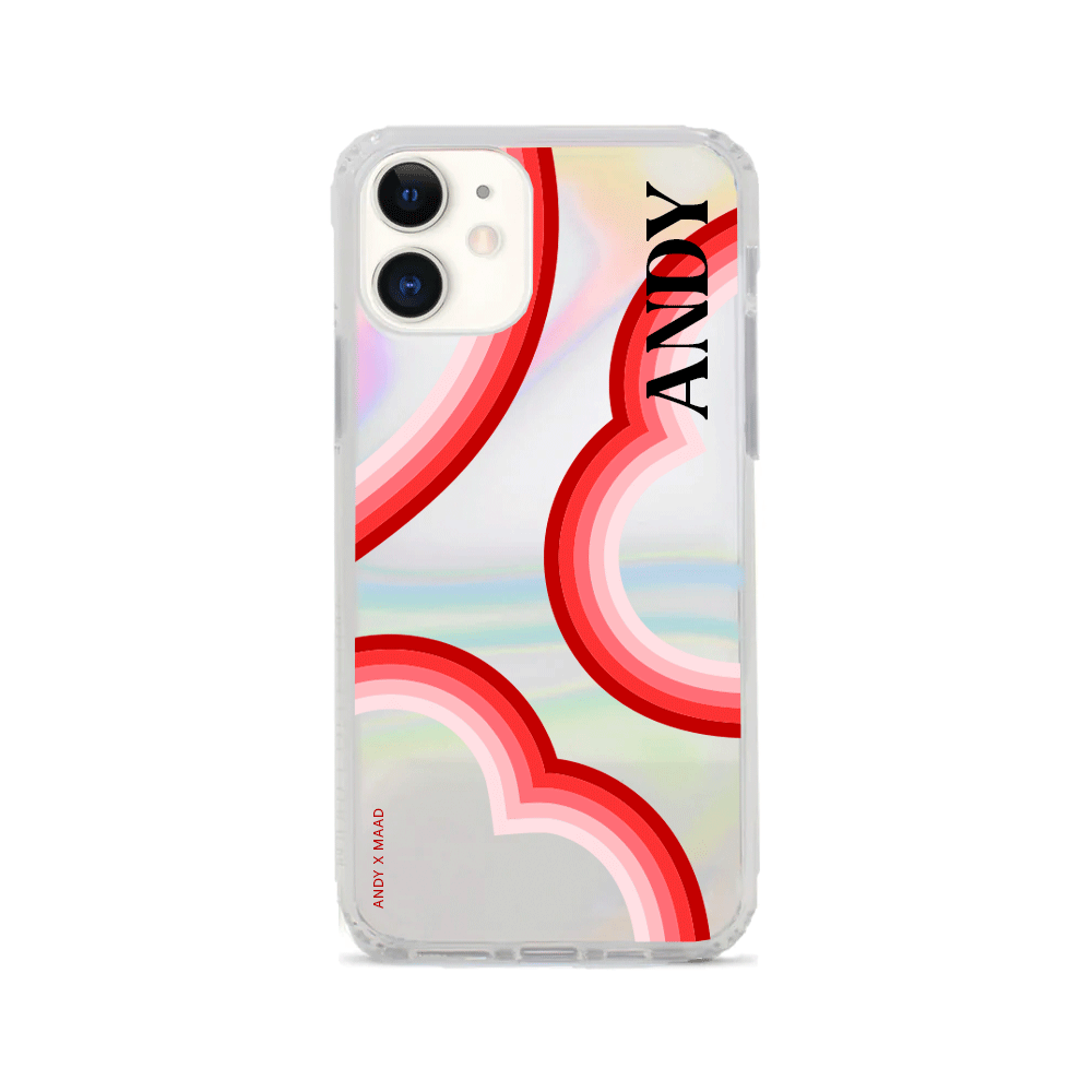 ANDY X MAAD Valentine's Holo iPhone 11 Case featuring a vibrant holographic design and included sticker set for personalization.