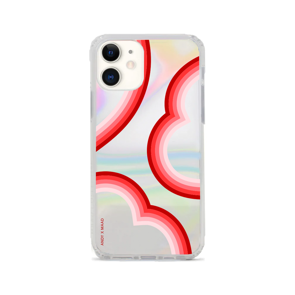 ANDY X MAAD Valentine's Holo iPhone 11 Case featuring a vibrant holographic design and included sticker set for personalization.