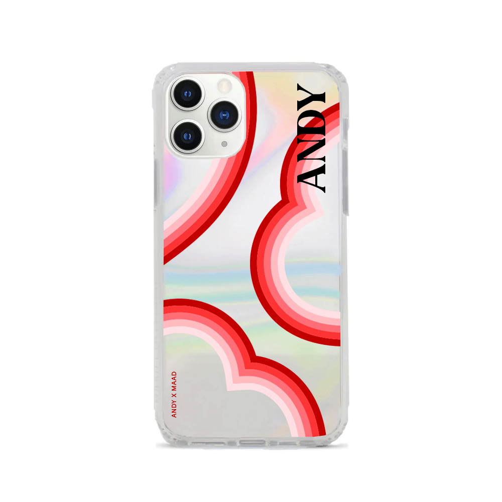 ANDY X MAAD Valentine's Holo iPhone 11 Pro Case featuring a vibrant holographic finish and included sticker set for personalization.